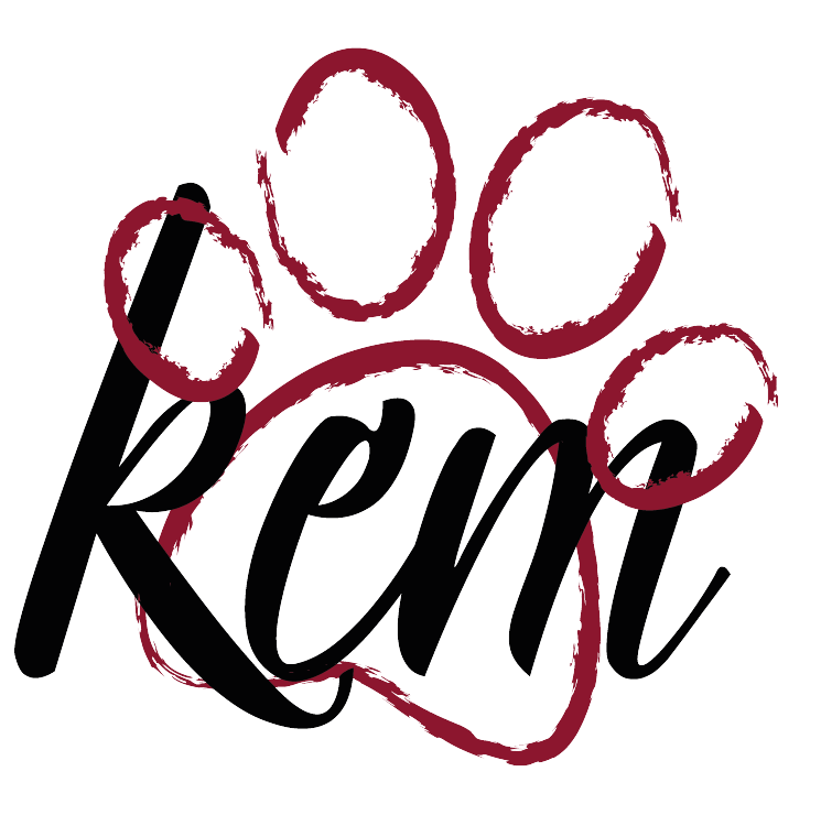Logo d'une patte de chat, avec entre mêlée le mot Kem. Avec une écriture manuscrite noir. La pattes est en rouges.